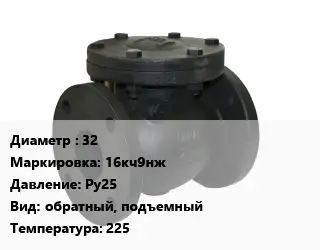 Клапан чугунный 32 16кч9нж Ру25 обратный, подъемный 225